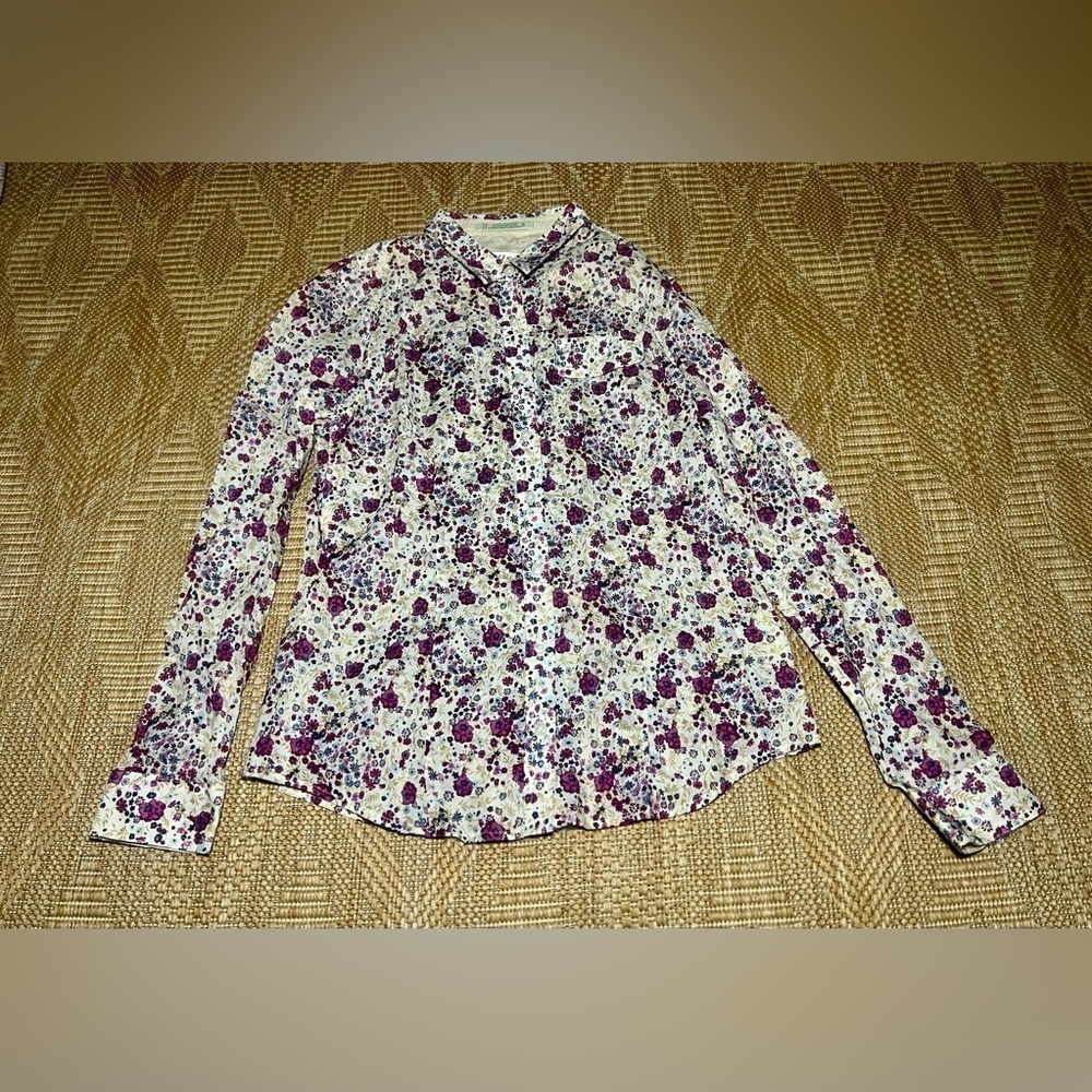 Orvis Women's Floral Button Down Long Sleeve Shirt,White,Purple,Collar,Size 4